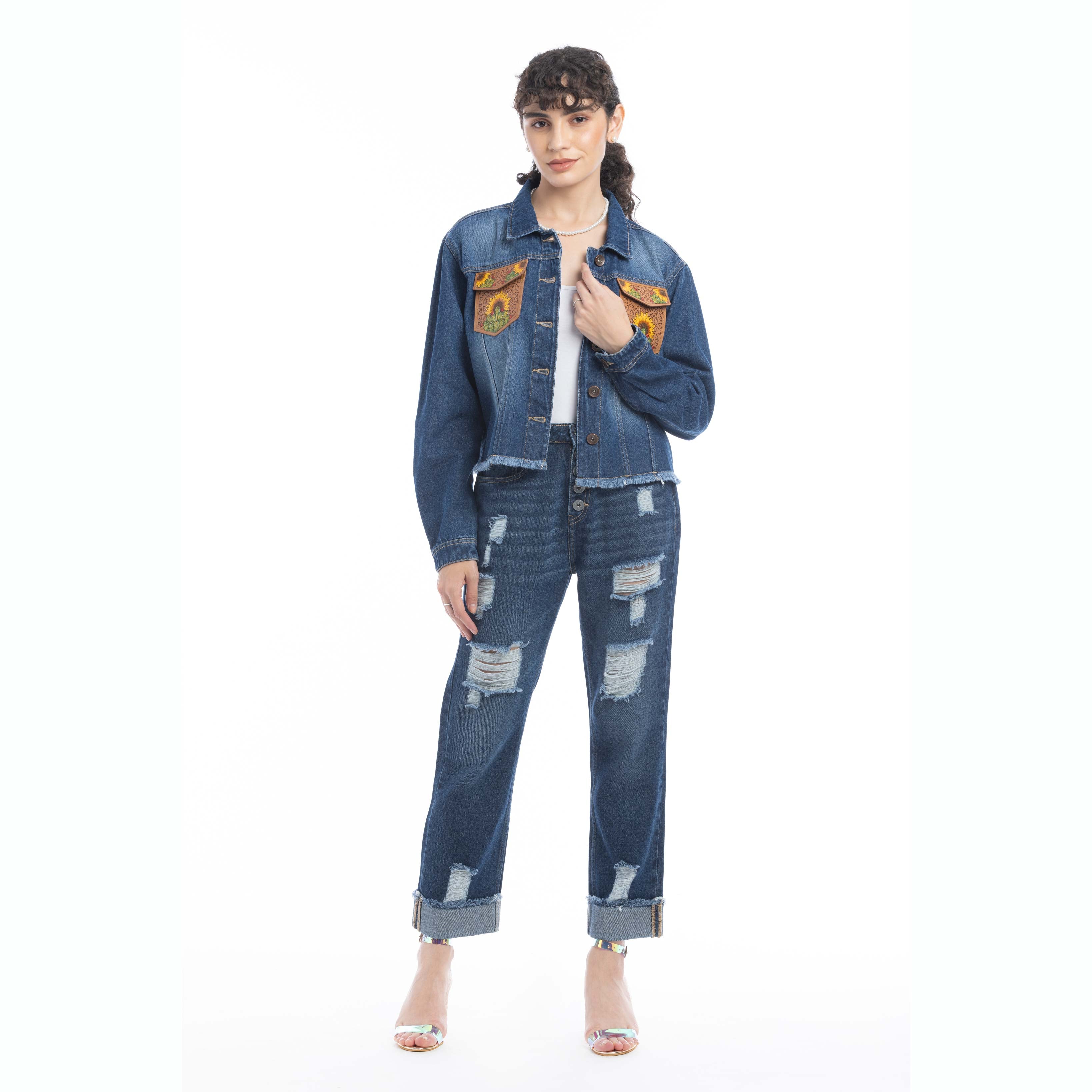 Azalea Prairie Cactus Accent Denim Jacket - Myra USA