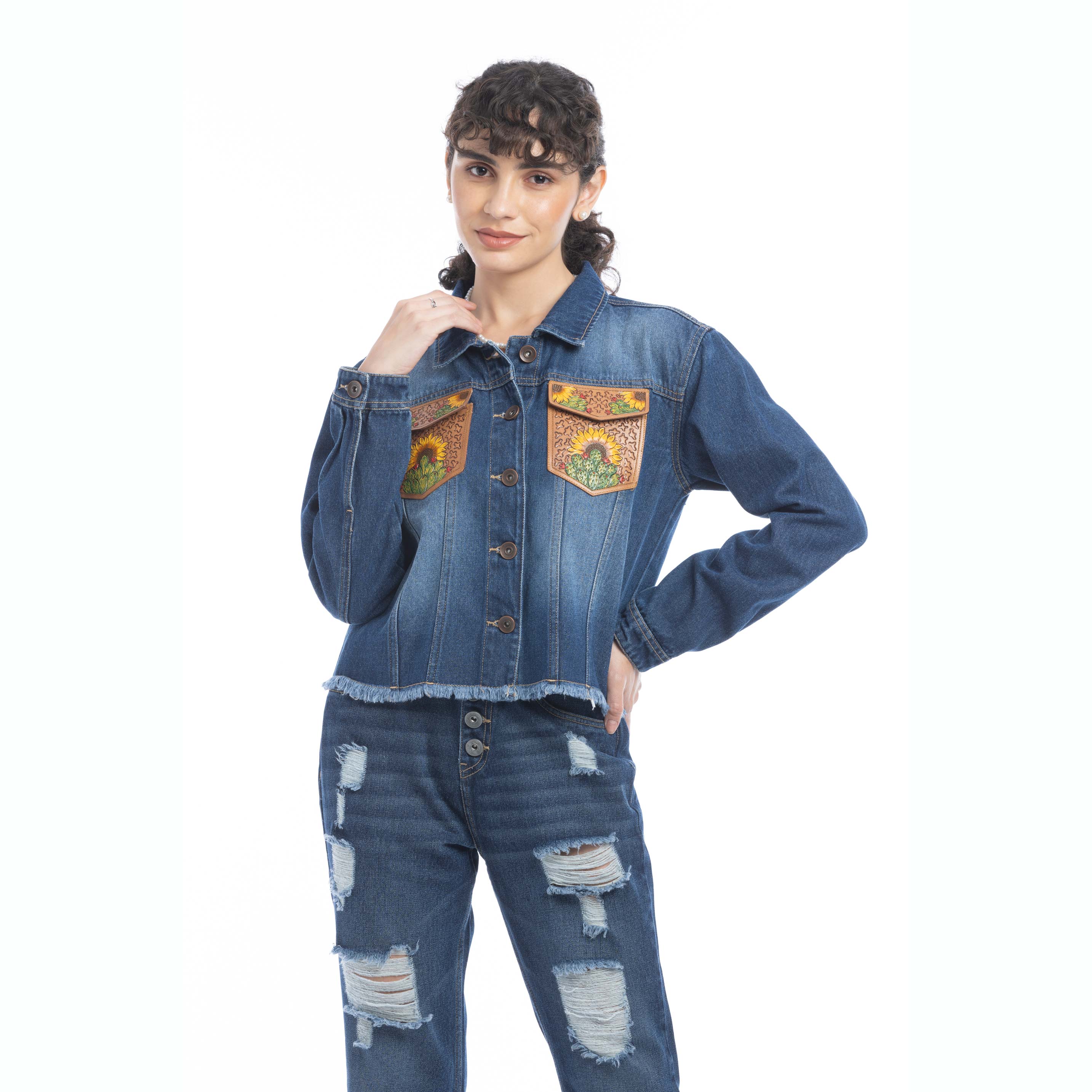 Azalea Prairie Cactus Accent Denim Jacket - Myra USA
