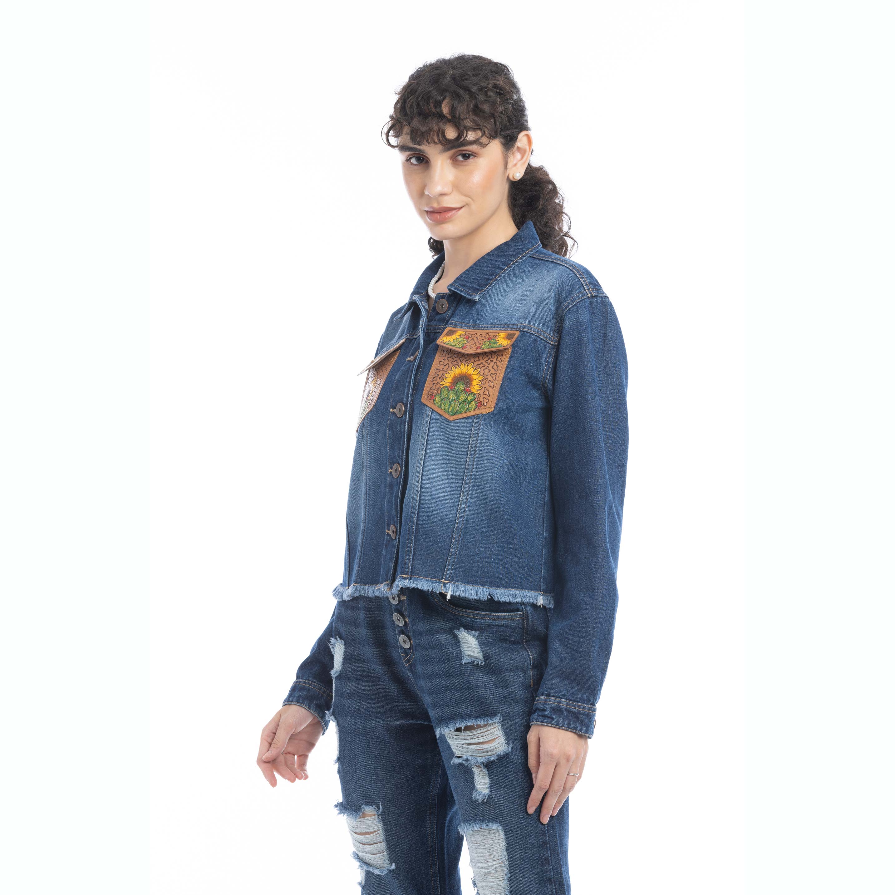 Azalea Prairie Cactus Accent Denim Jacket - Myra USA