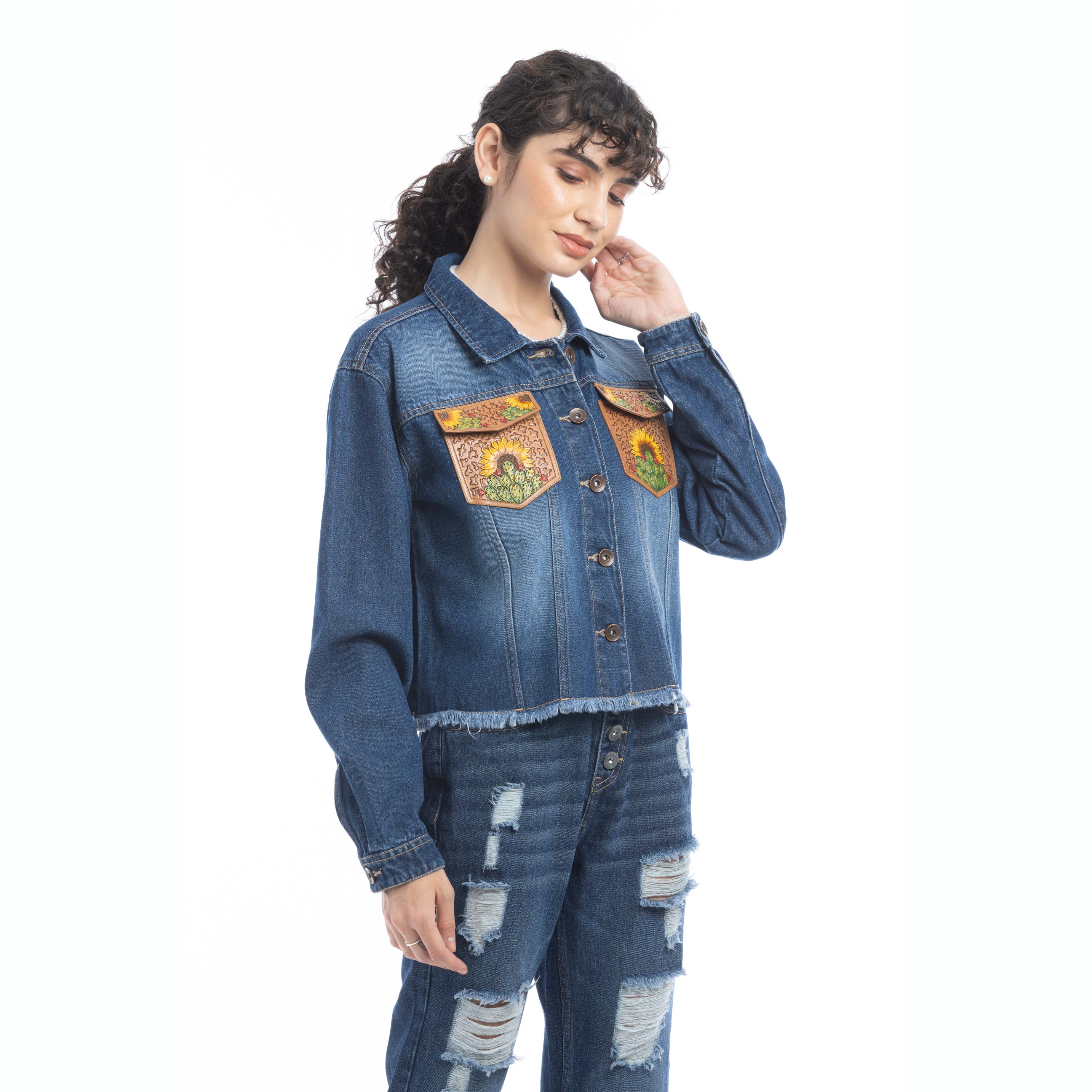 Azalea Prairie Cactus Accent Denim Jacket - Myra USA