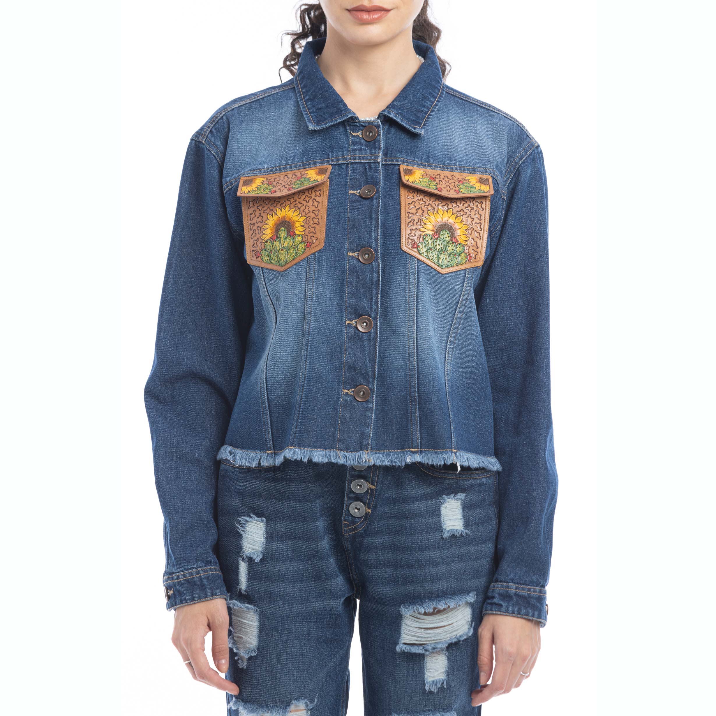 Azalea Prairie Cactus Accent Denim Jacket - Myra USA