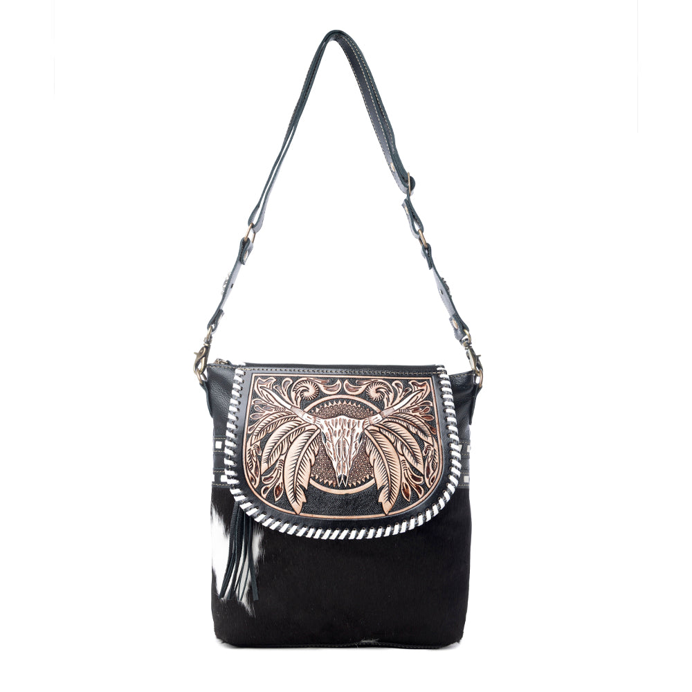 Myra Spirit of the Herd Hairon Leather Bag for Women Western Cowhide Purse with Intricate Tooling