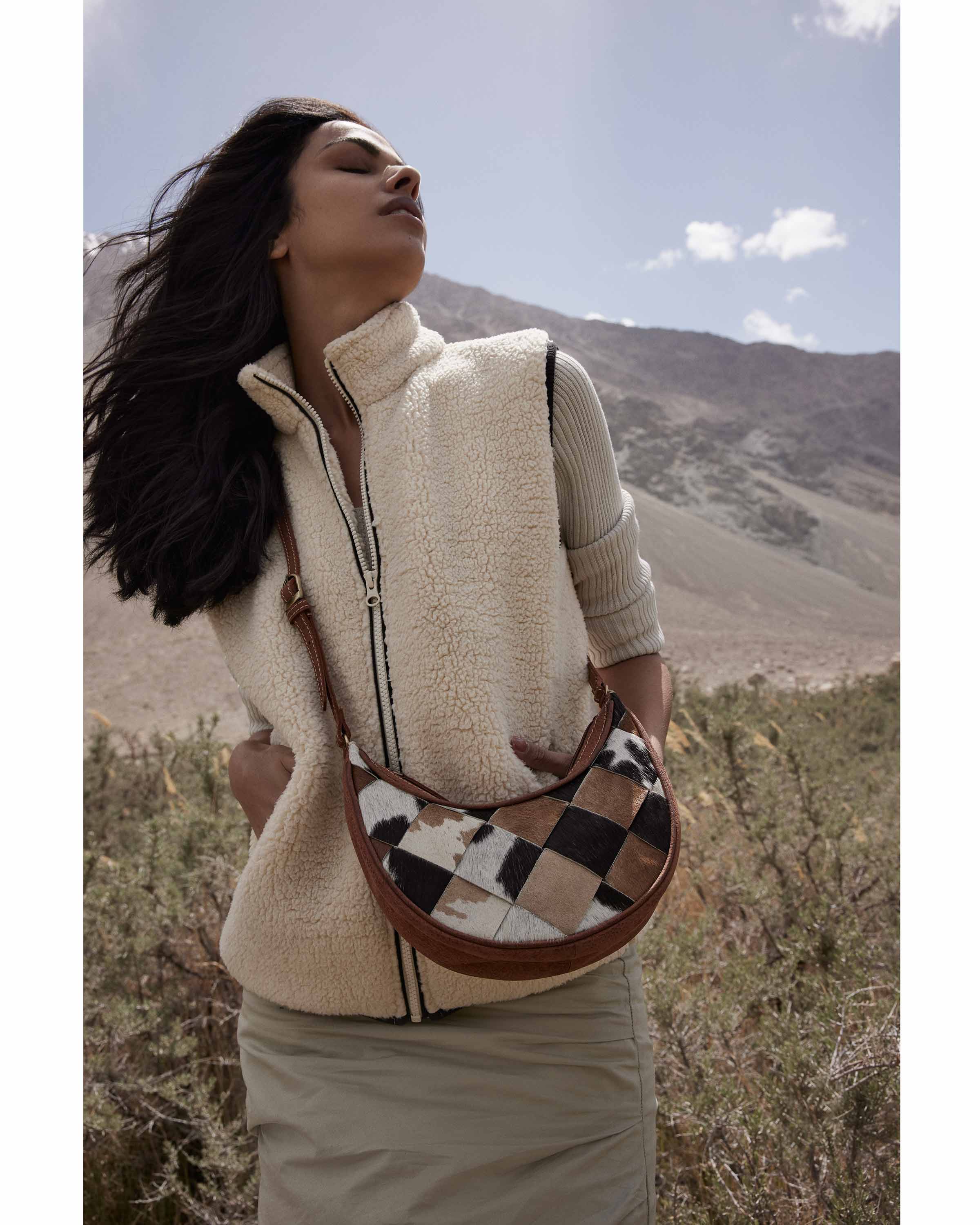 Pecos Rising Weave Pattern Swoop Bottom Leather Hairon Bag - Myra USA