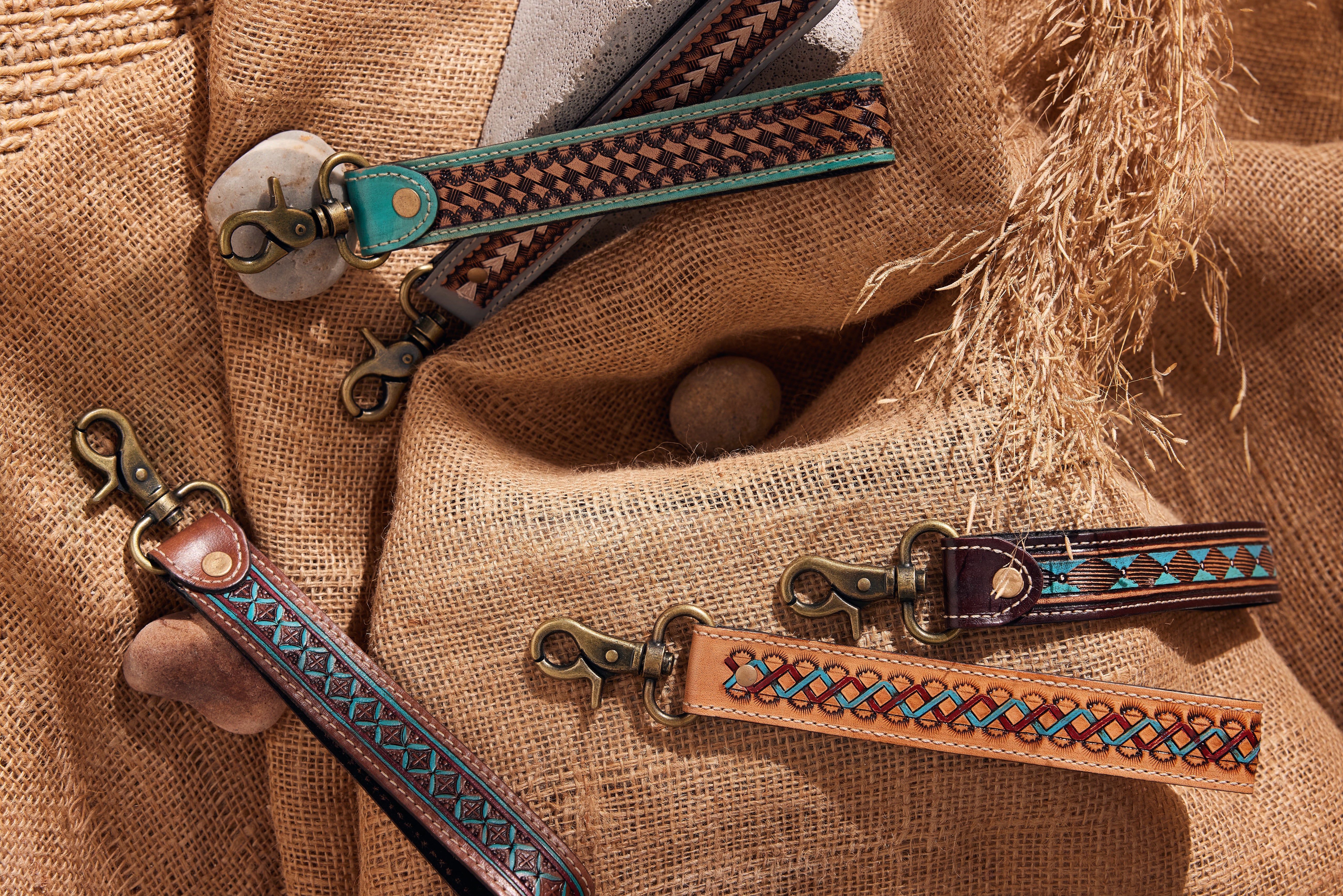 Teal Accent Hand-Tooled Strap Key Fob - Myra USA