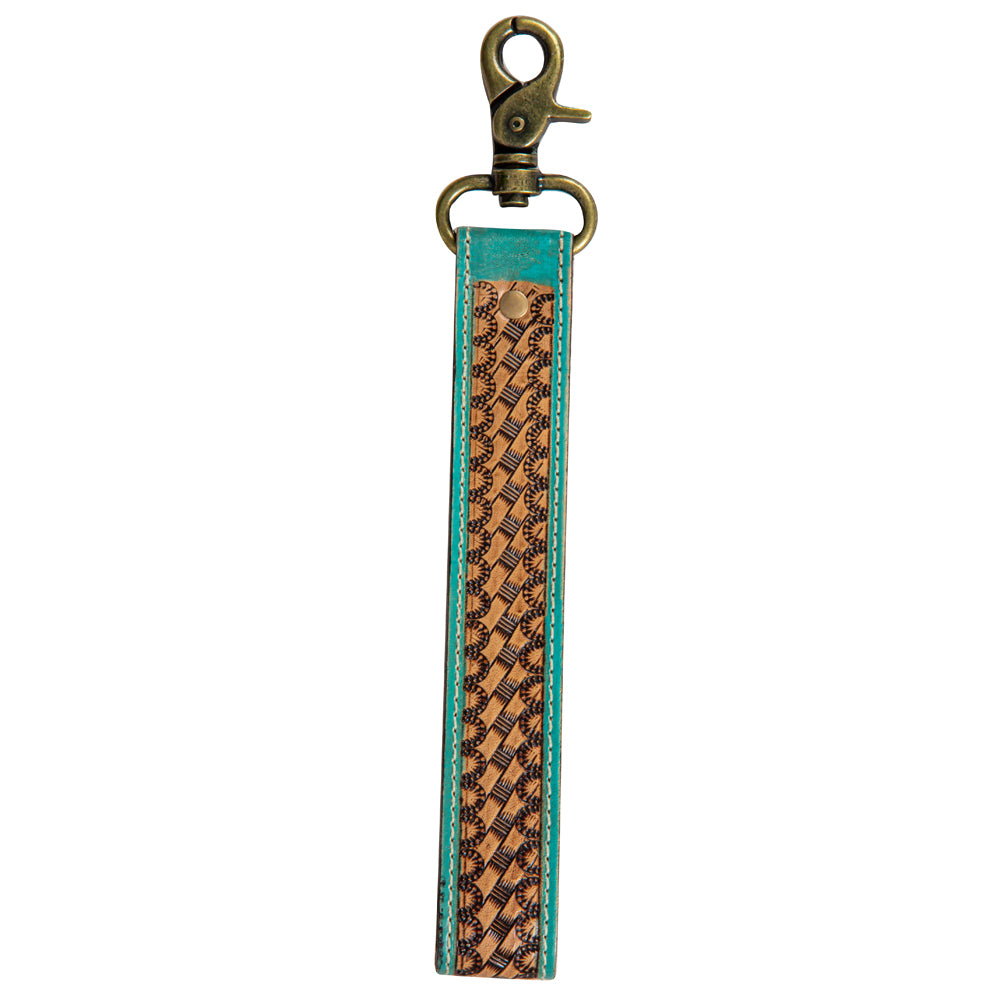 Teal Accent Hand-Tooled Strap Key Fob - Myra USA