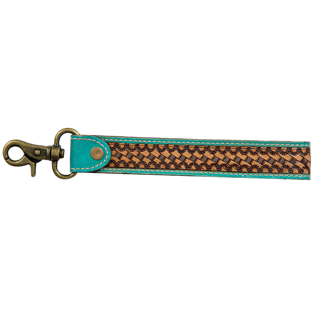 Teal Accent Hand-Tooled Strap Key Fob - Myra USA