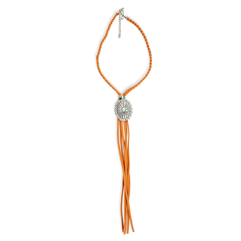 Skyfire Braided Leather Fringe & Concho Necklace - Myra USA