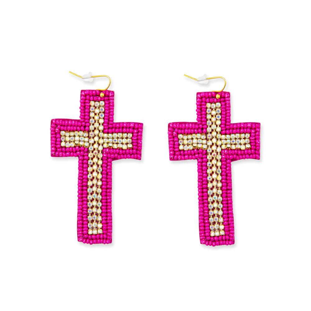 Beaded Cross Dangle Earrings in Magenta - Myra USA