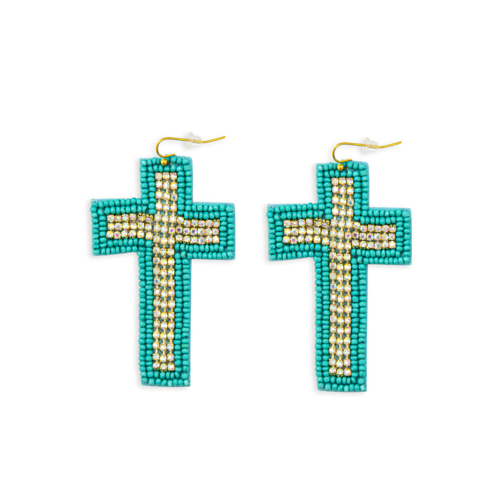 Beaded Cross Dangle Earrings in Teal - Myra USA
