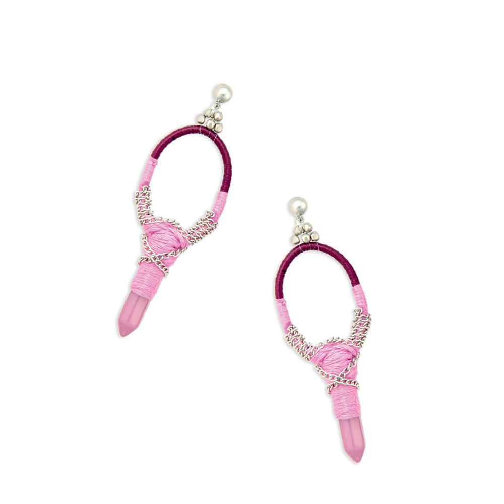 Krystal Key Woven, Beaded Earrings With Crystal Charm in Pink - Myra USA