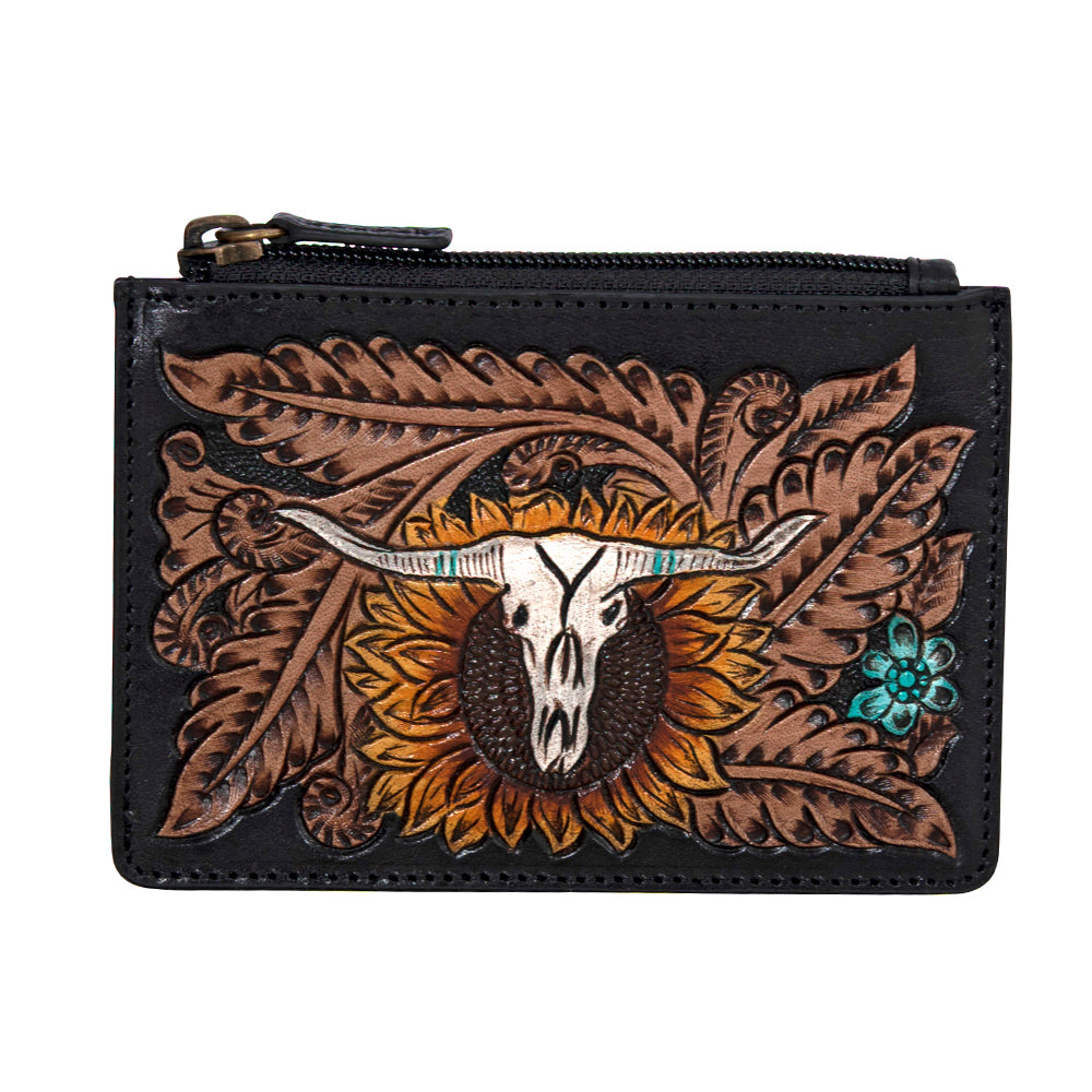 Longhorn Flower Mini Hand-tooled Card Holder - Myra USA
