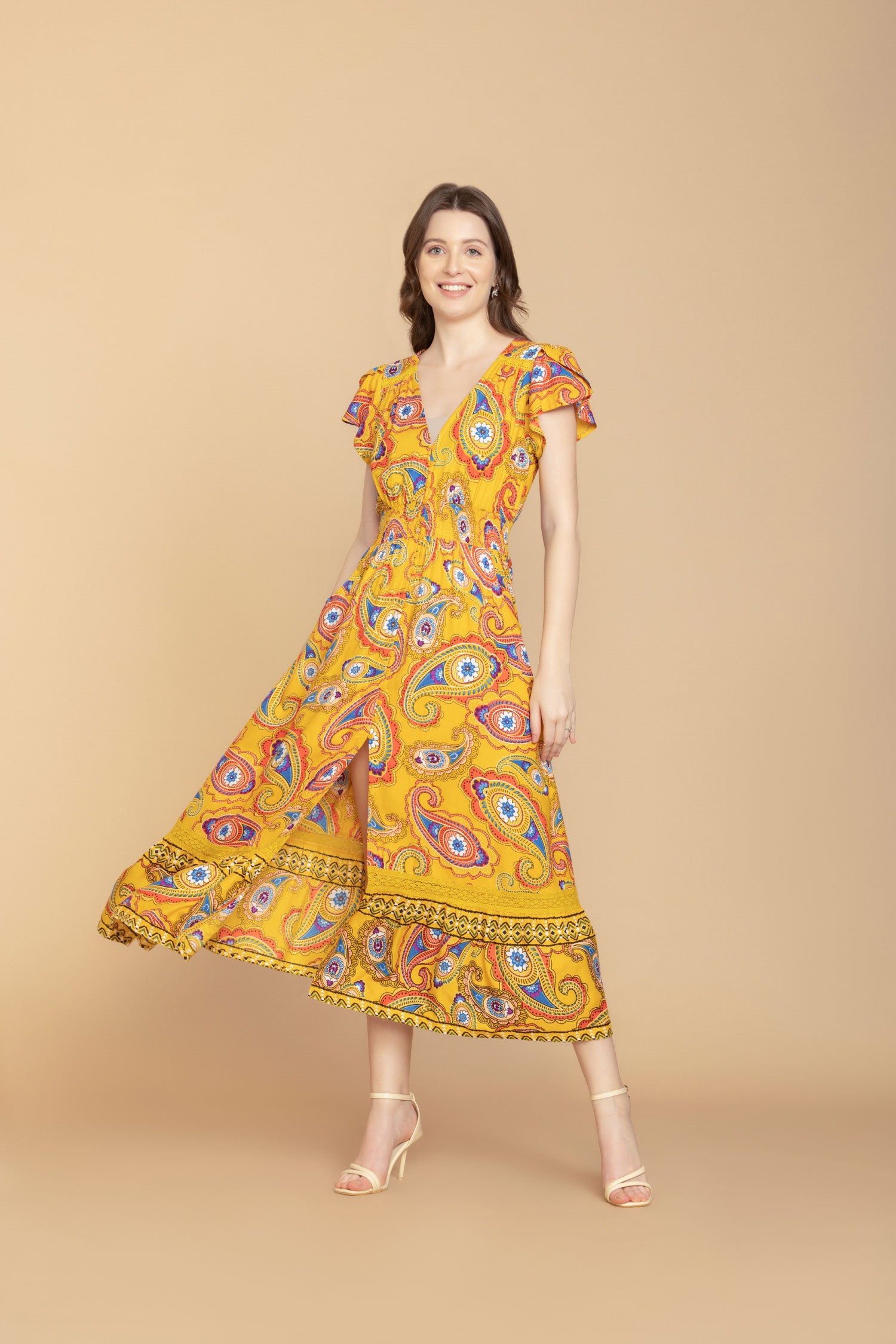 Sunrise Golden Paisley Drop Waist Dress - Myra USA