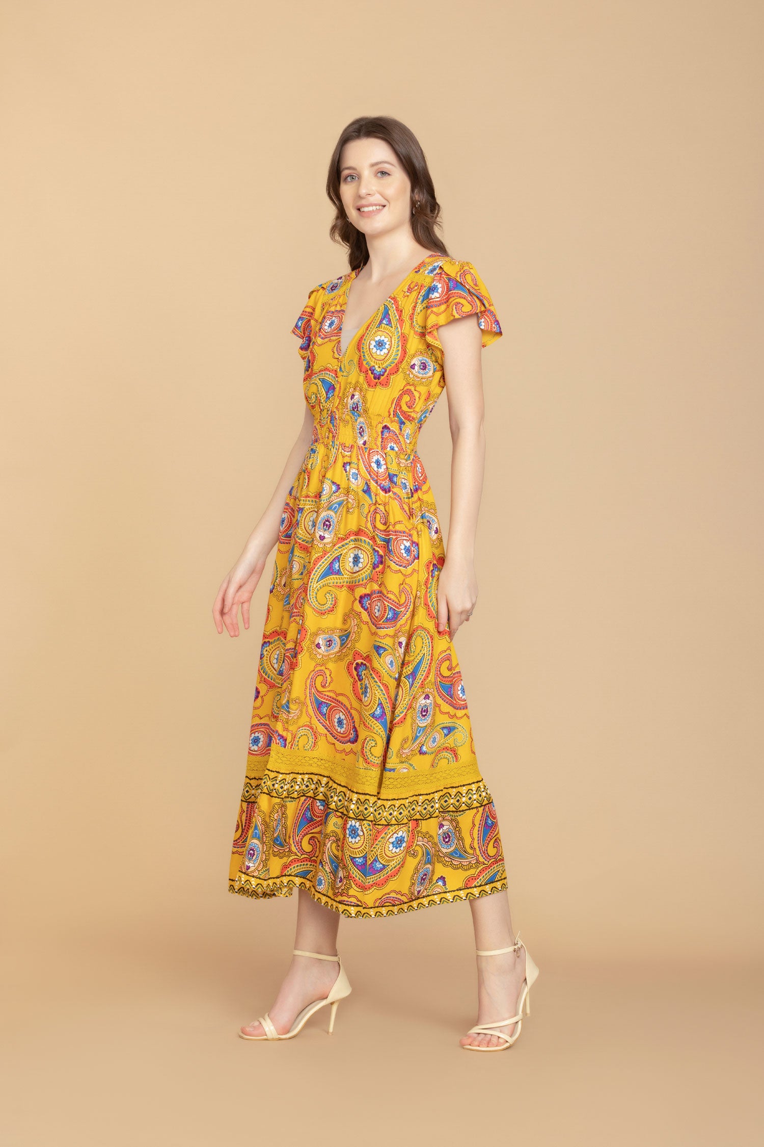 Sunrise Golden Paisley Drop Waist Dress - Myra USA
