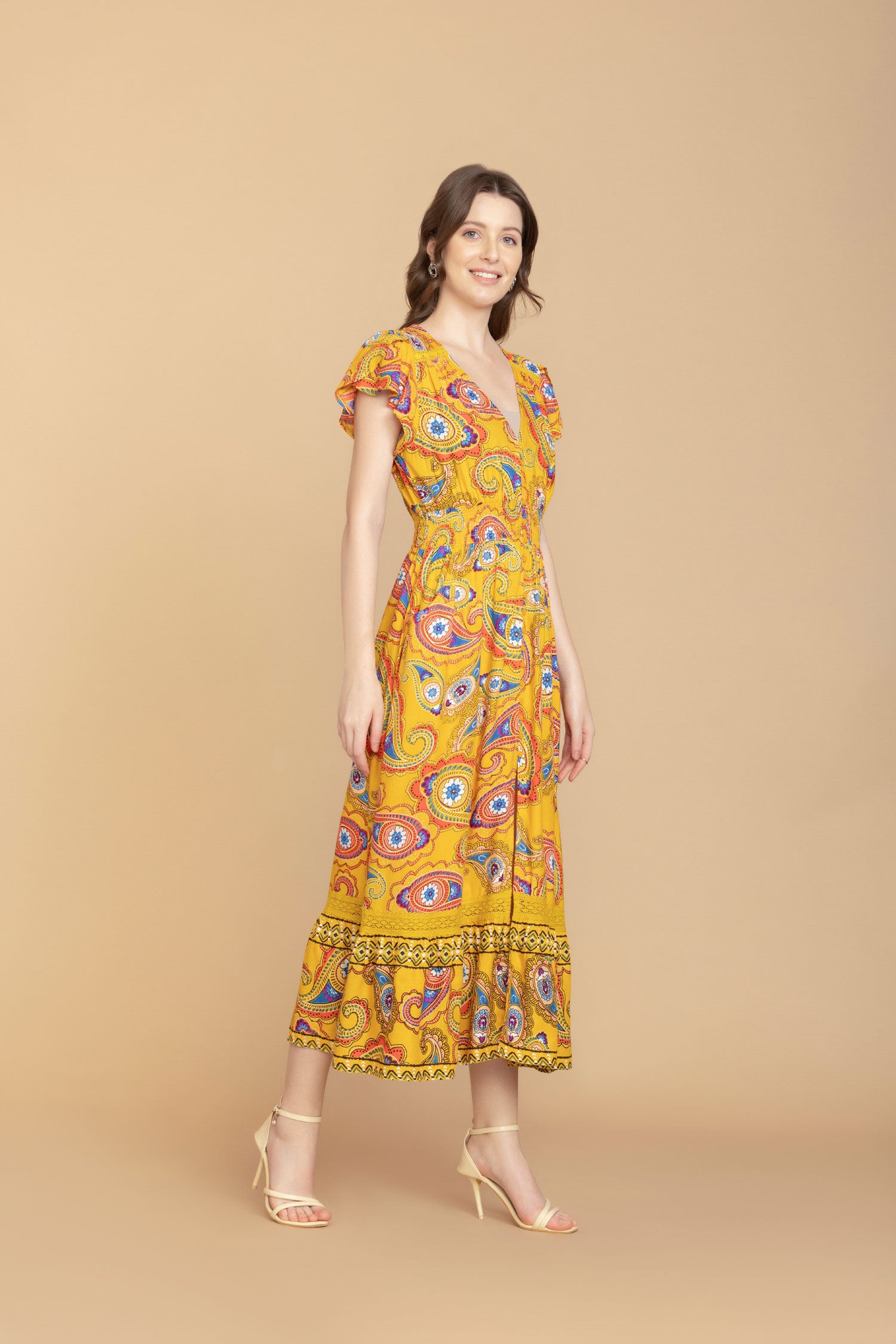 Sunrise Golden Paisley Drop Waist Dress - Myra USA