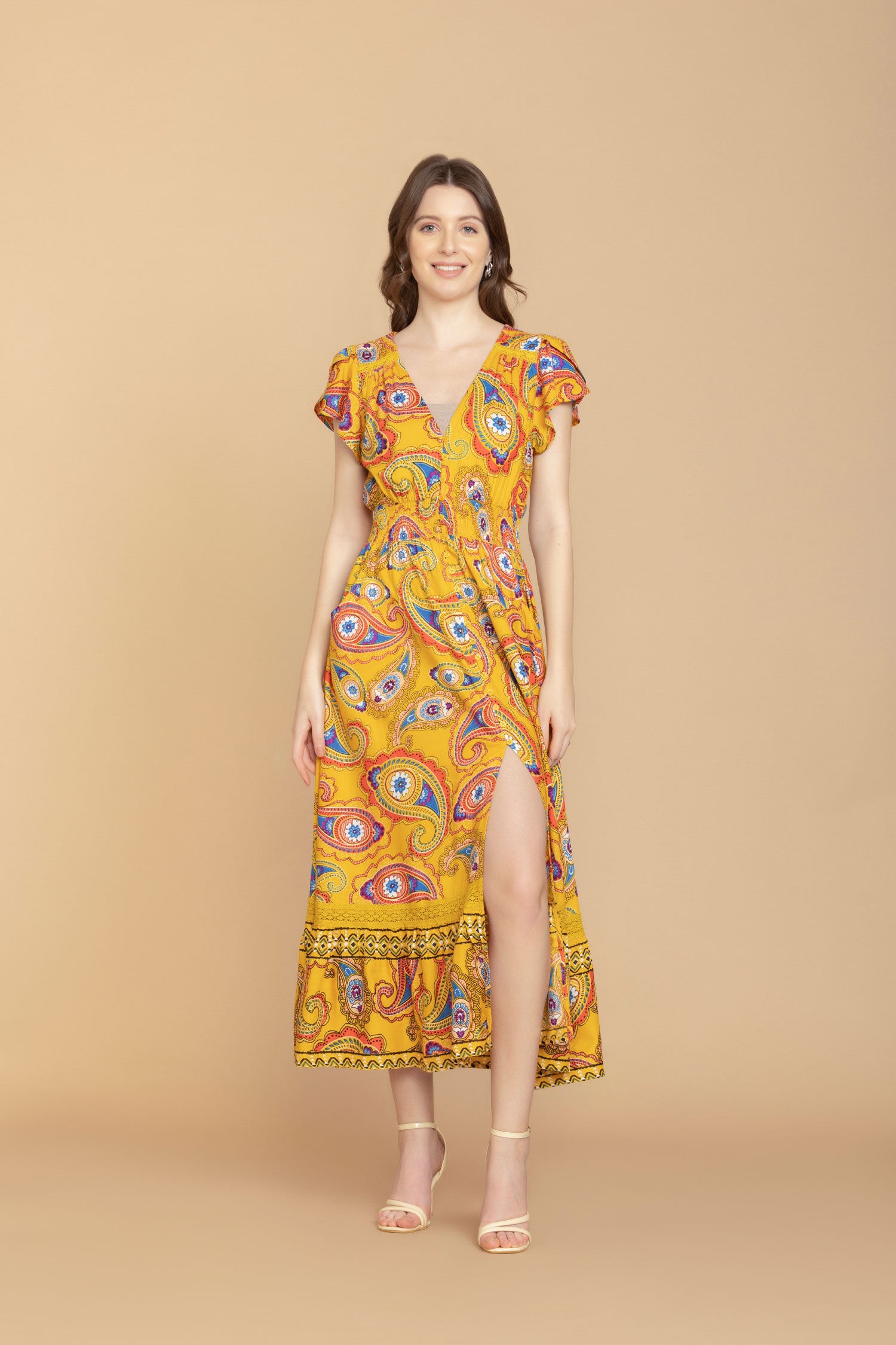 Sunrise Golden Paisley Drop Waist Dress - Myra USA