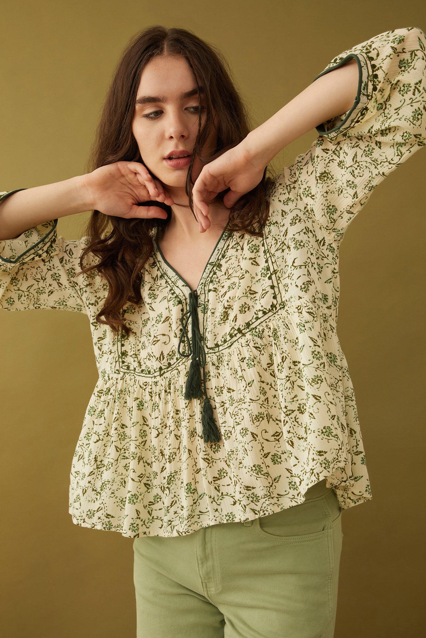Floral Petals V-Neck Tassled Blouse - Myra USA