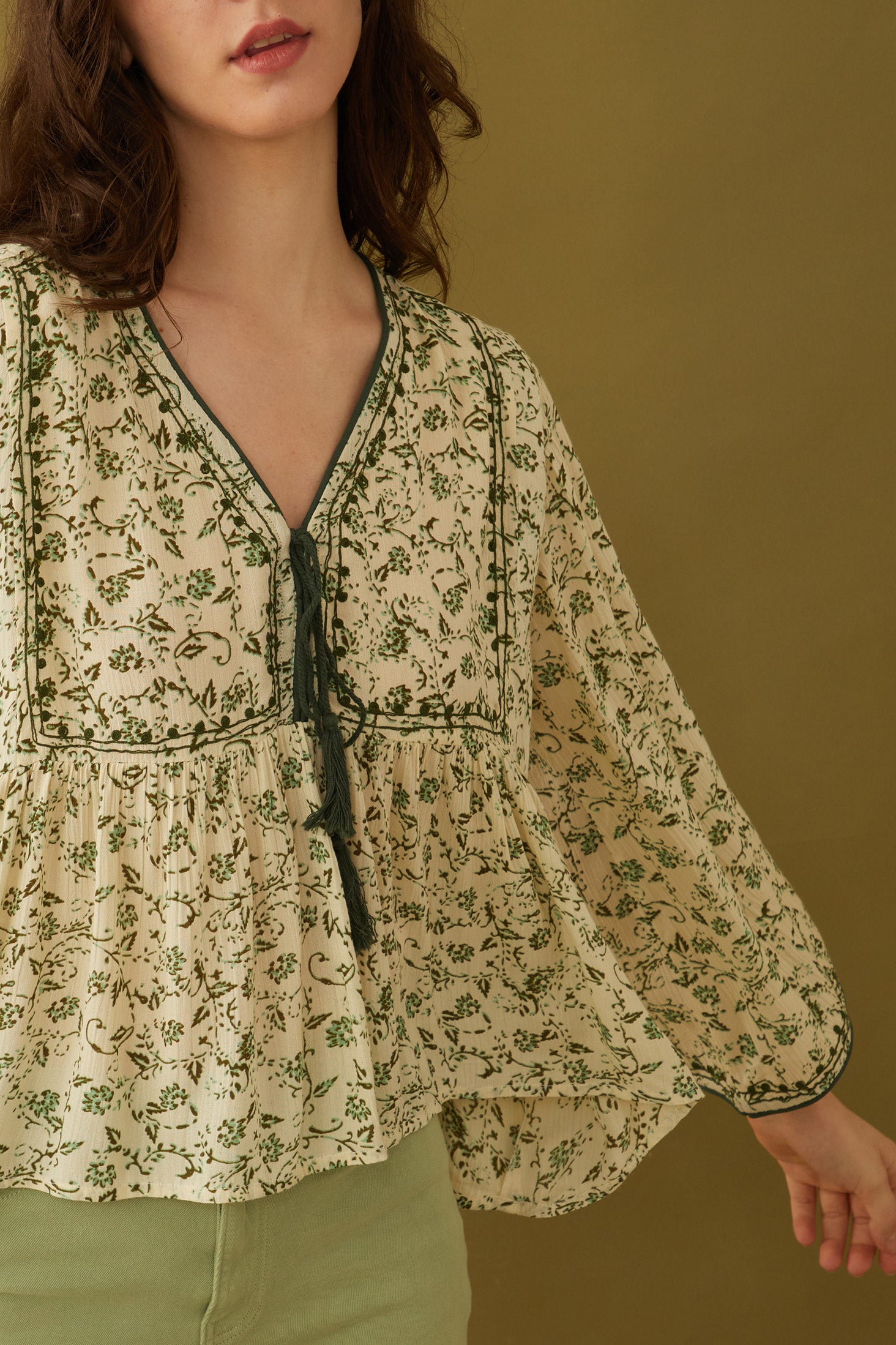 Floral Petals V-Neck Tassled Blouse - Myra USA