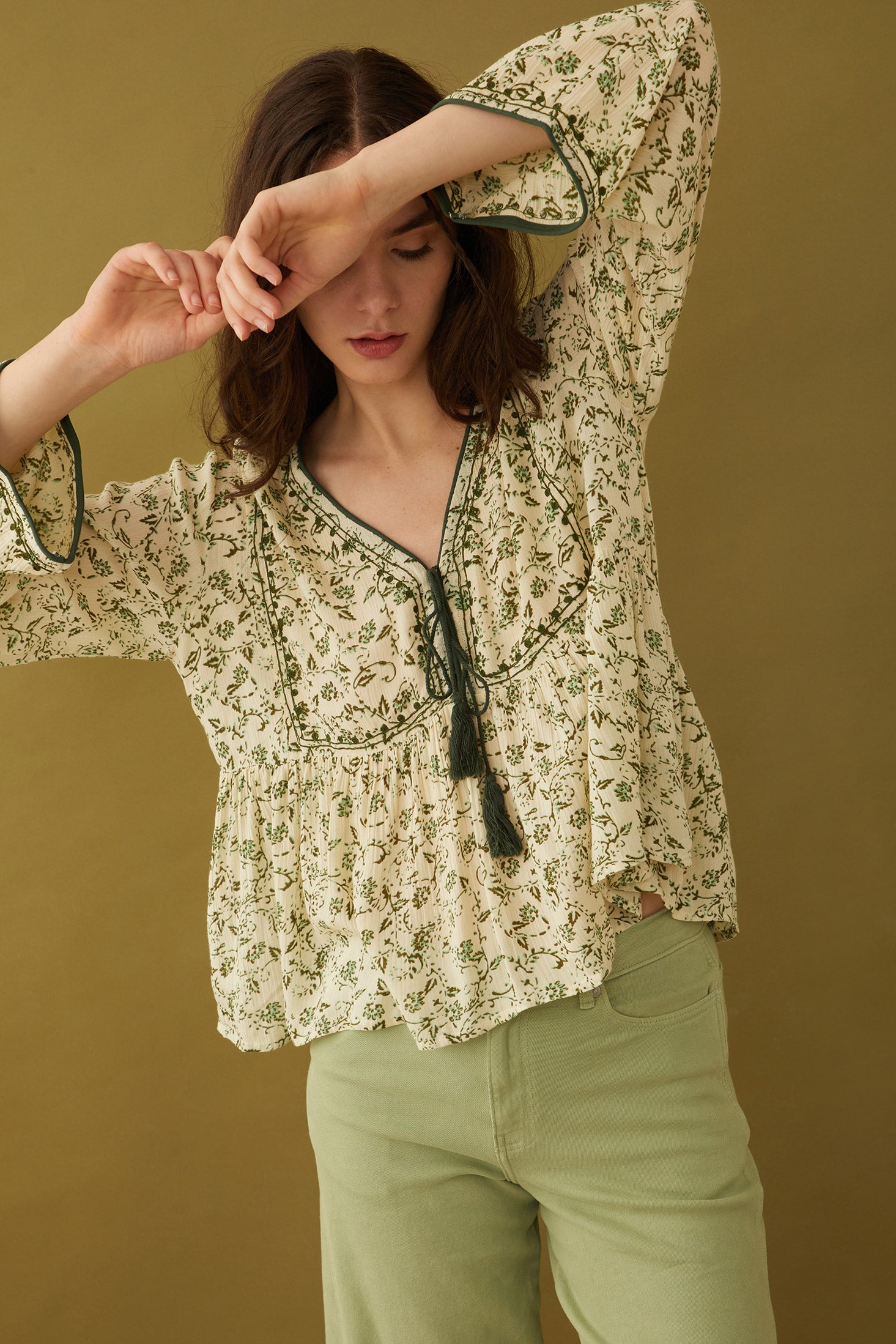 Floral Petals V-Neck Tassled Blouse - Myra USA