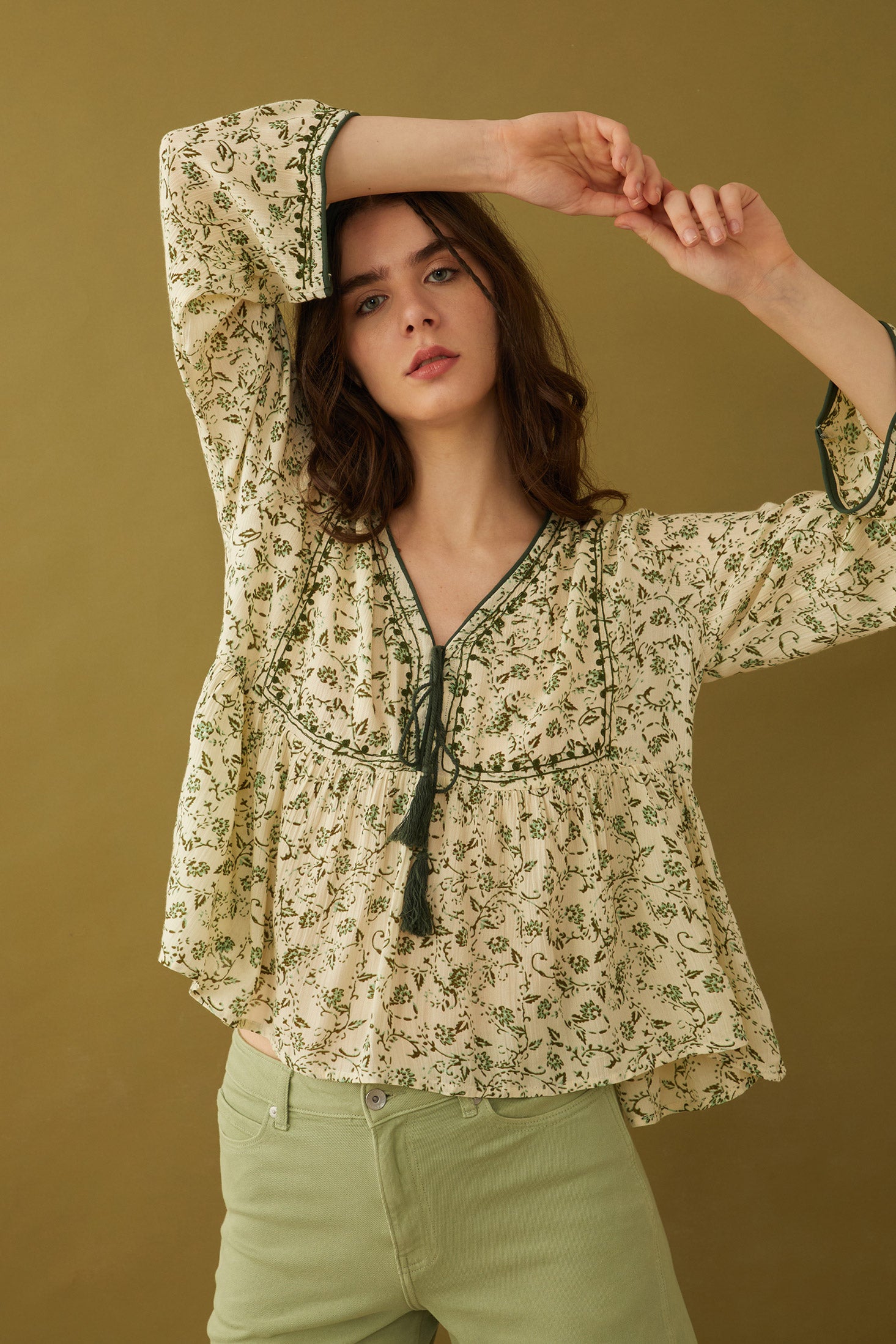 Floral Petals V-Neck Tassled Blouse - Myra USA