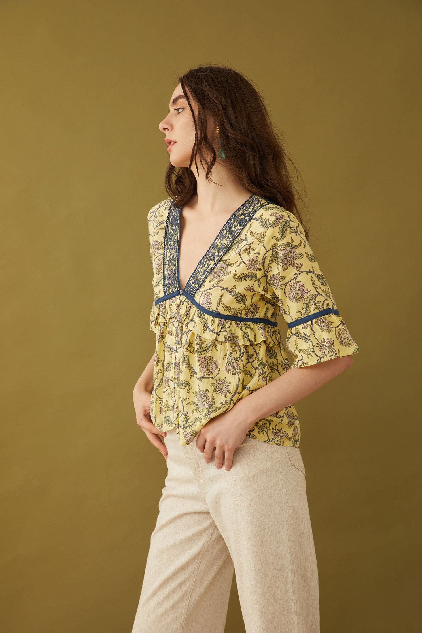 Cassandra V-Neck Babydoll Embroidered Top - Myra USA