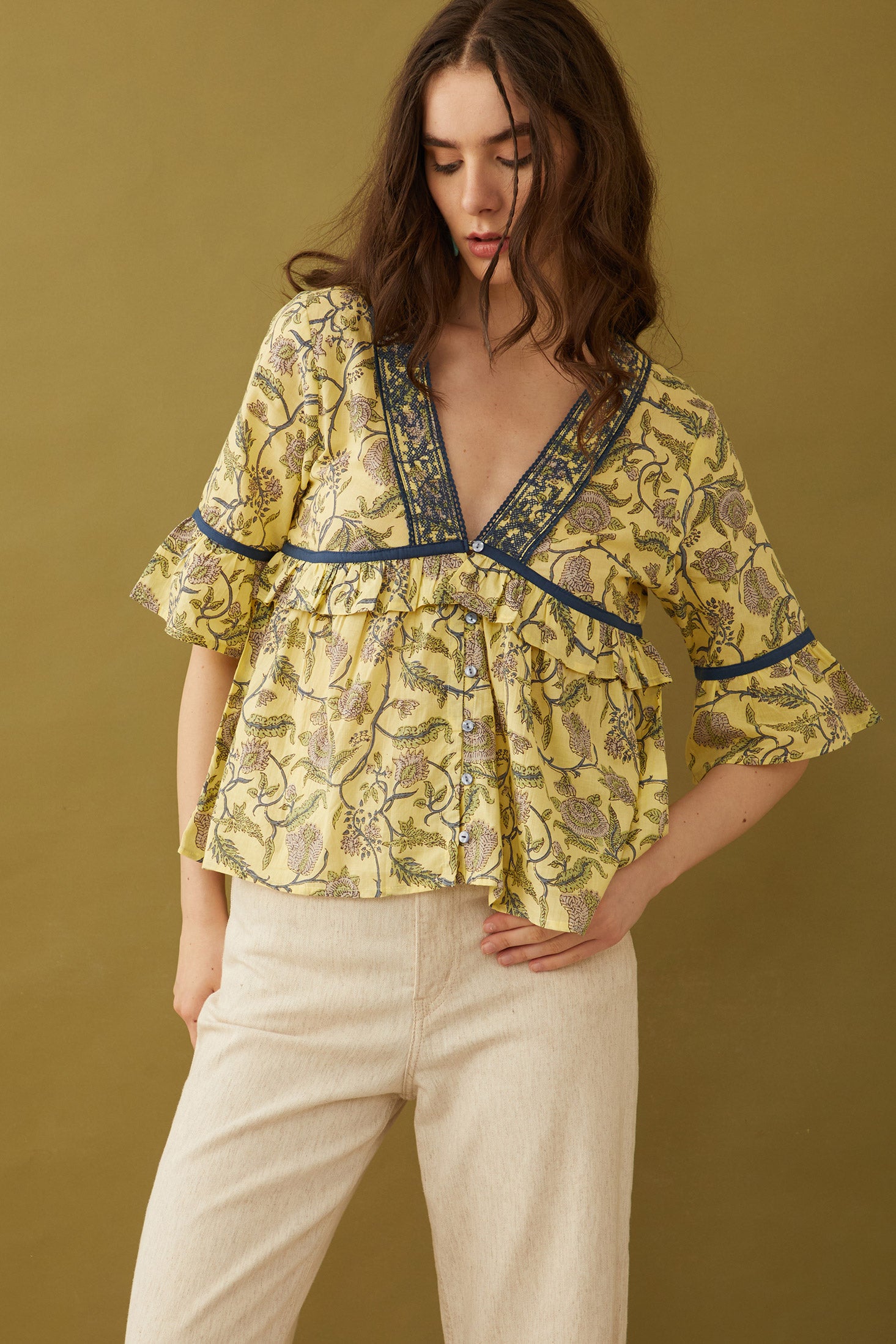 Cassandra V-Neck Babydoll Embroidered Top - Myra USA