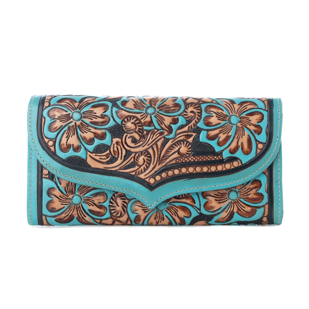 Myra Flower Crest Ridge Wallet with tooled leather and turquoise detail for everyday use - Myra USA