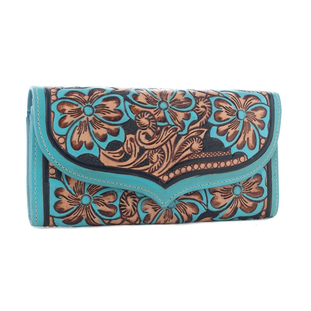Myra Flower Crest Ridge Wallet with tooled leather and turquoise detail for everyday use - Myra USA