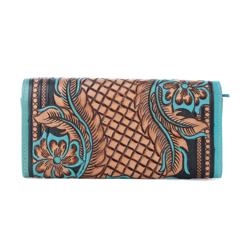 Myra Flower Crest Ridge Wallet with tooled leather and turquoise detail for everyday use - Myra USA