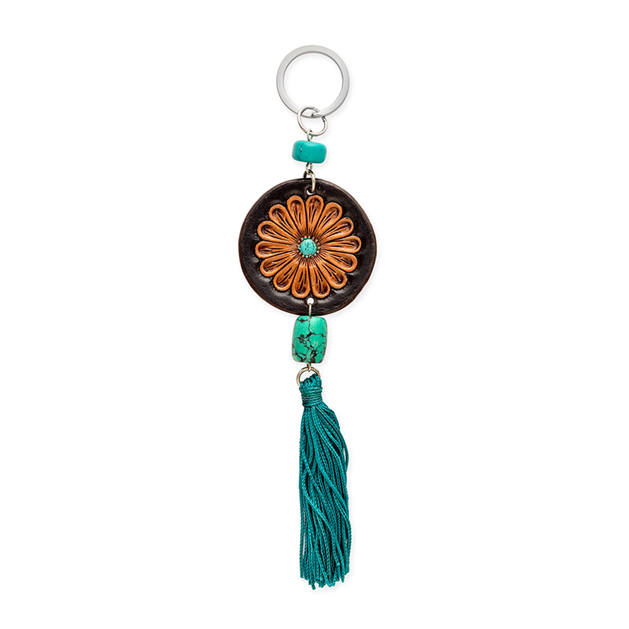 Turquoise Bloom Sunflower Elegance Hand-Tooled Key Fob - Myra USA