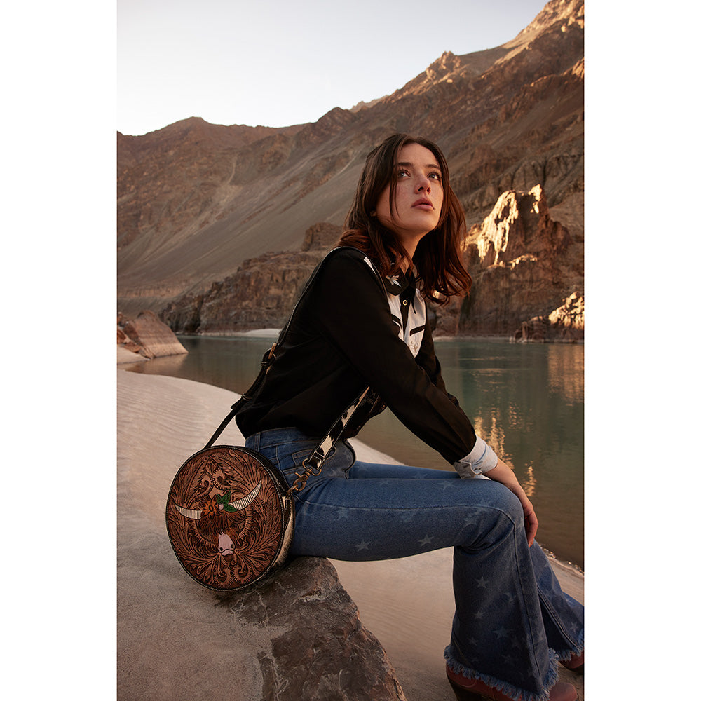 Bloomin' Steer Hand-tooled Round Bag - Myra USA