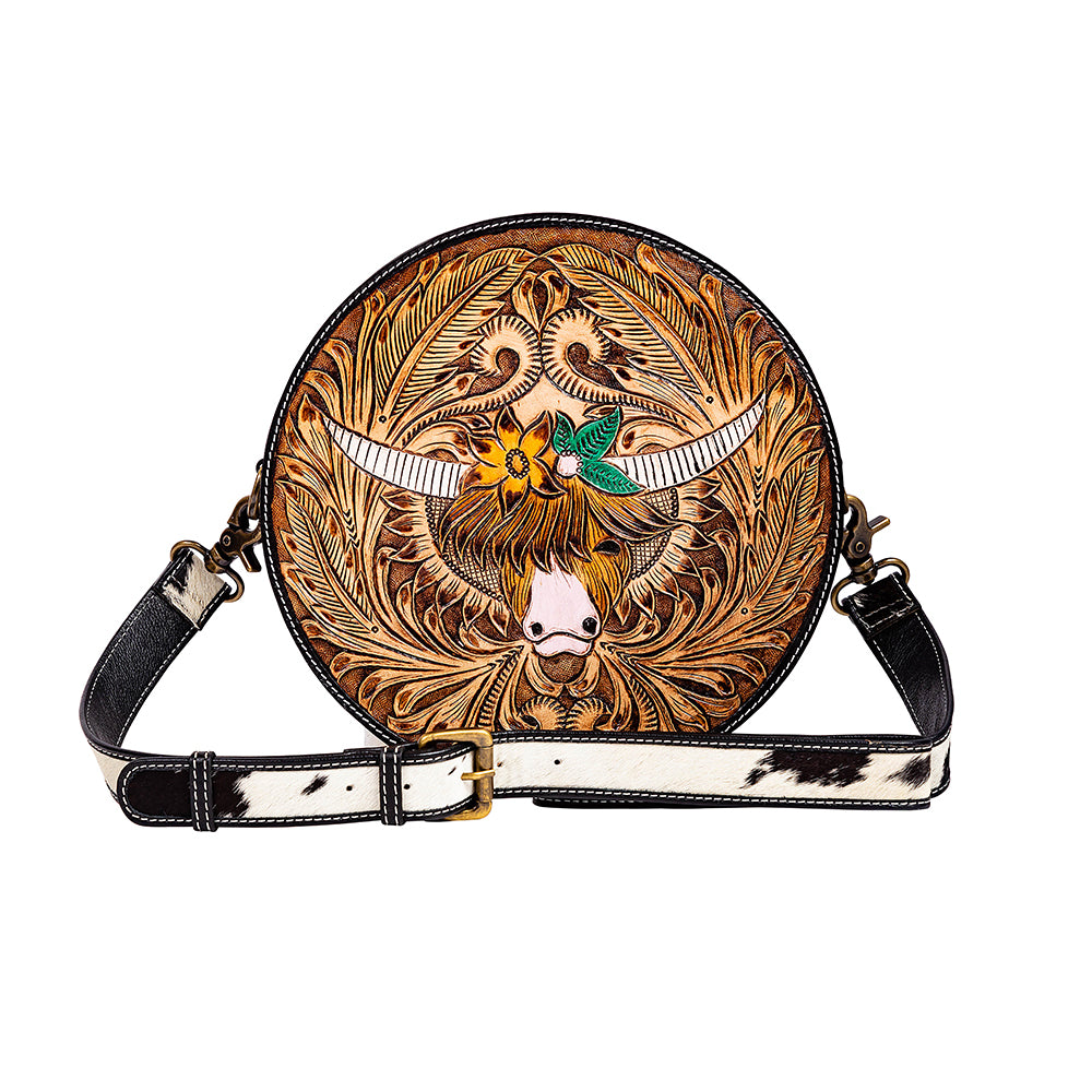 Bloomin' Steer Hand-tooled Round Bag - Myra USA