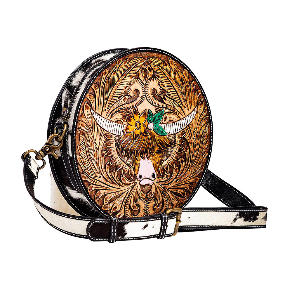 Bloomin' Steer Hand-tooled Round Bag - Myra USA