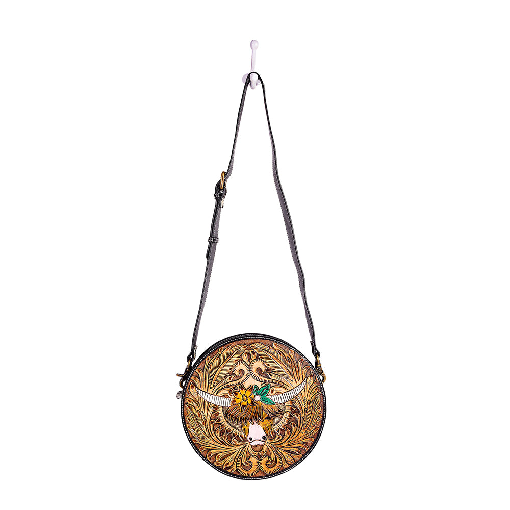 Bloomin' Steer Hand-tooled Round Bag - Myra USA