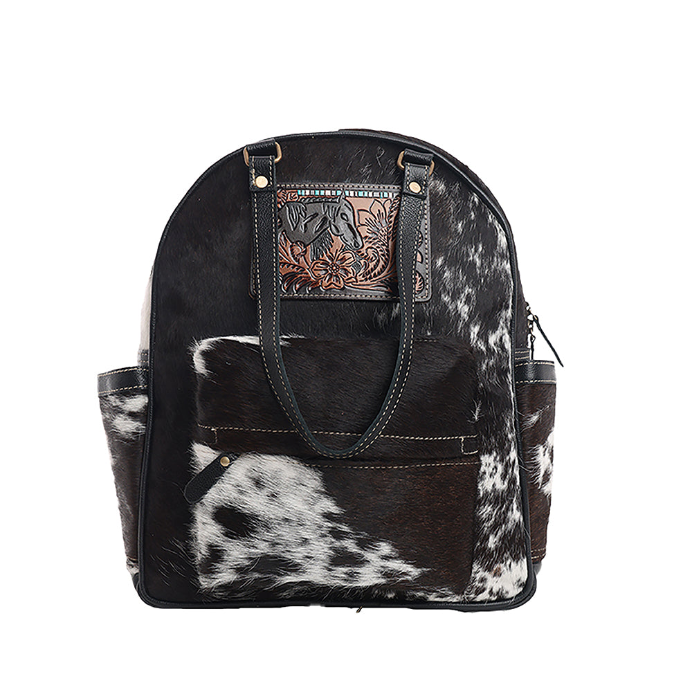 Myra My Vista Hairon Leather Backpack – Dual Handles, Floral Tooled Patch, Spacious Compartments