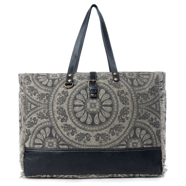 Myra Carmela Printed Canvas Weekender Bag – Leather Handles with Buckle Strap, Spacious Travel Tote for Western Getaways - Myra USA