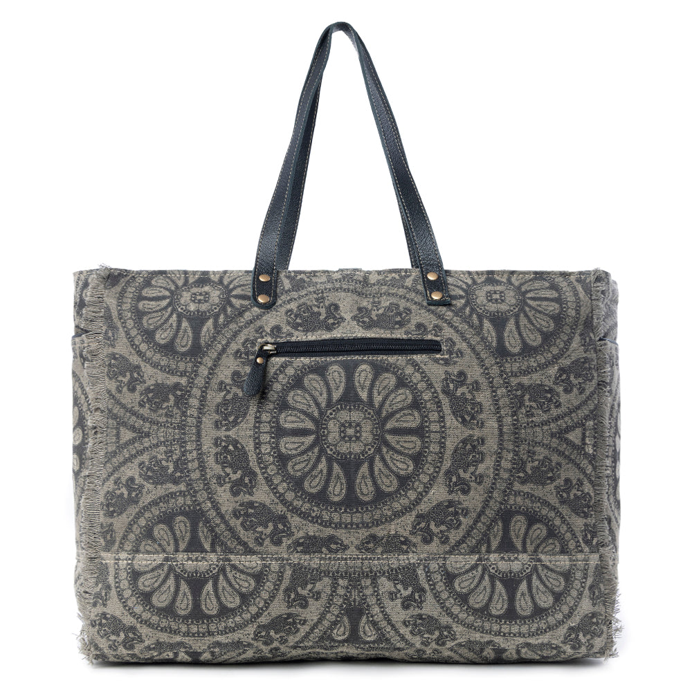 Myra Carmela Printed Canvas Weekender Bag – Leather Handles with Buckle Strap, Spacious Travel Tote for Western Getaways - Myra USA