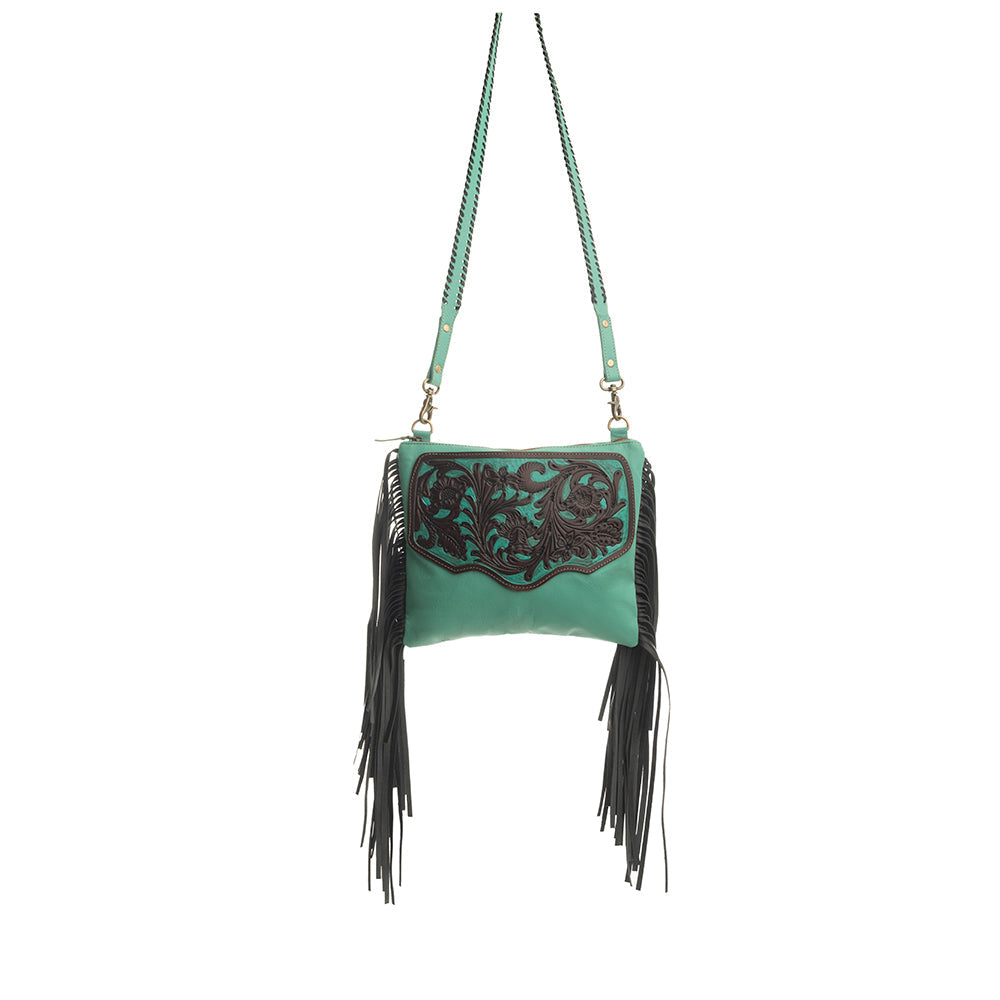 Millstone Fringed Hand-Tooled Bag in Teal - Myra USA
