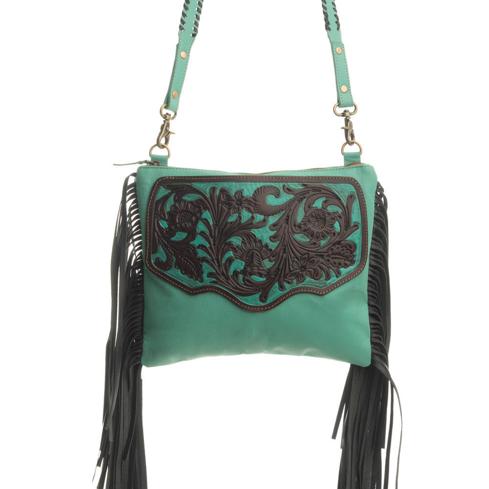 Millstone Fringed Hand-Tooled Bag in Teal - Myra USA