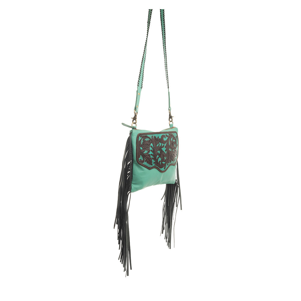 Millstone Fringed Hand-Tooled Bag in Teal - Myra USA