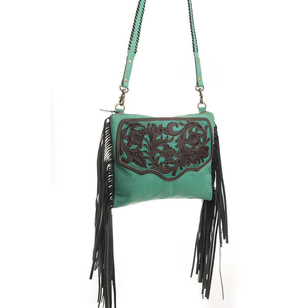 Millstone Fringed Hand-Tooled Bag in Teal - Myra USA
