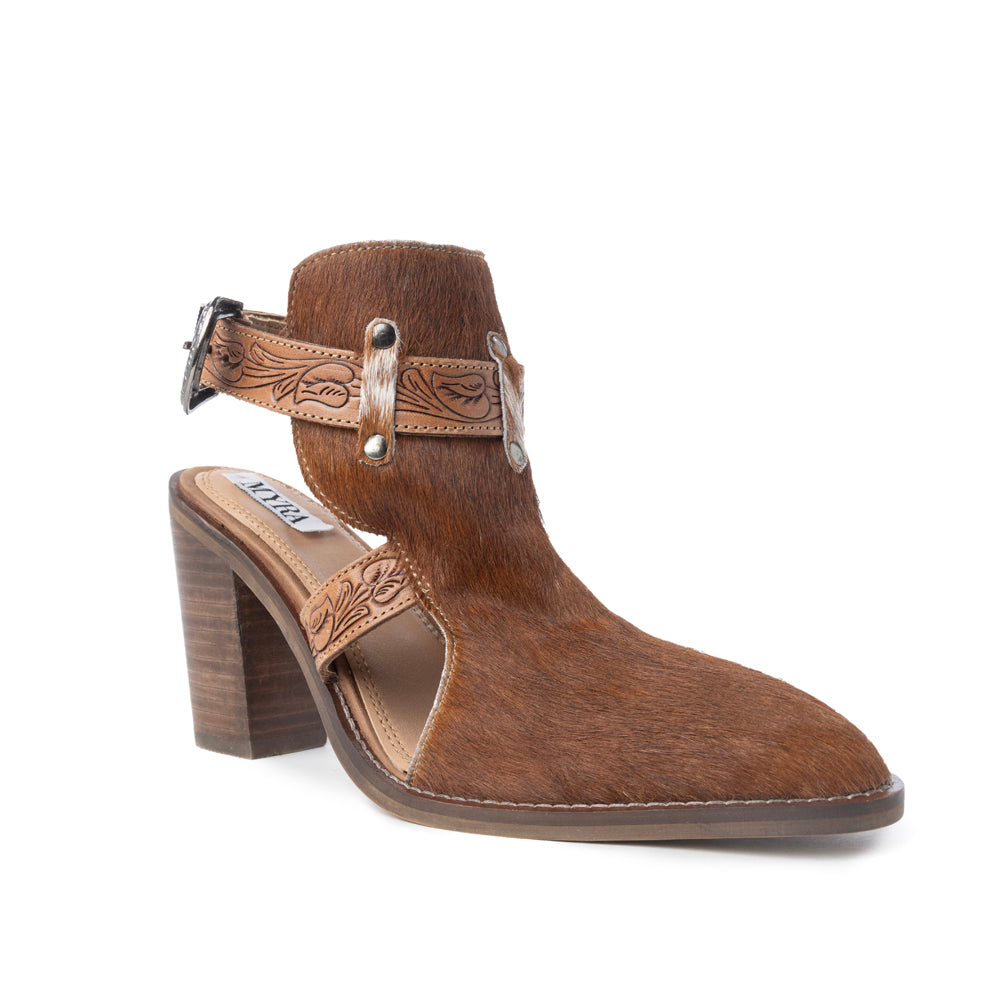 Myra Cora Jo Hairon Leather Boots - Pointed Toe, Block Heel Ankle Boots with Handtooled Buckle Accents for Cowgirl Escapades - Myra USA