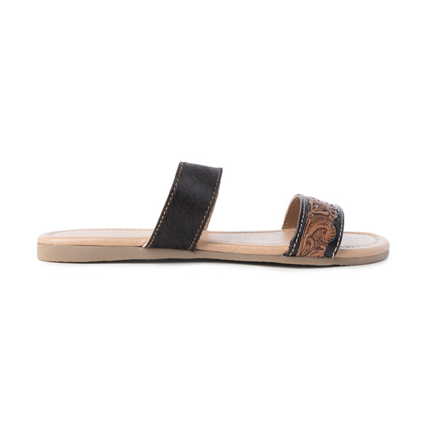 Myra Tambra Mesa Embossed Hairon Leather Slides for Women - Black Tooled Strap, Comfort Footbed for All-Day Style - Myra USA