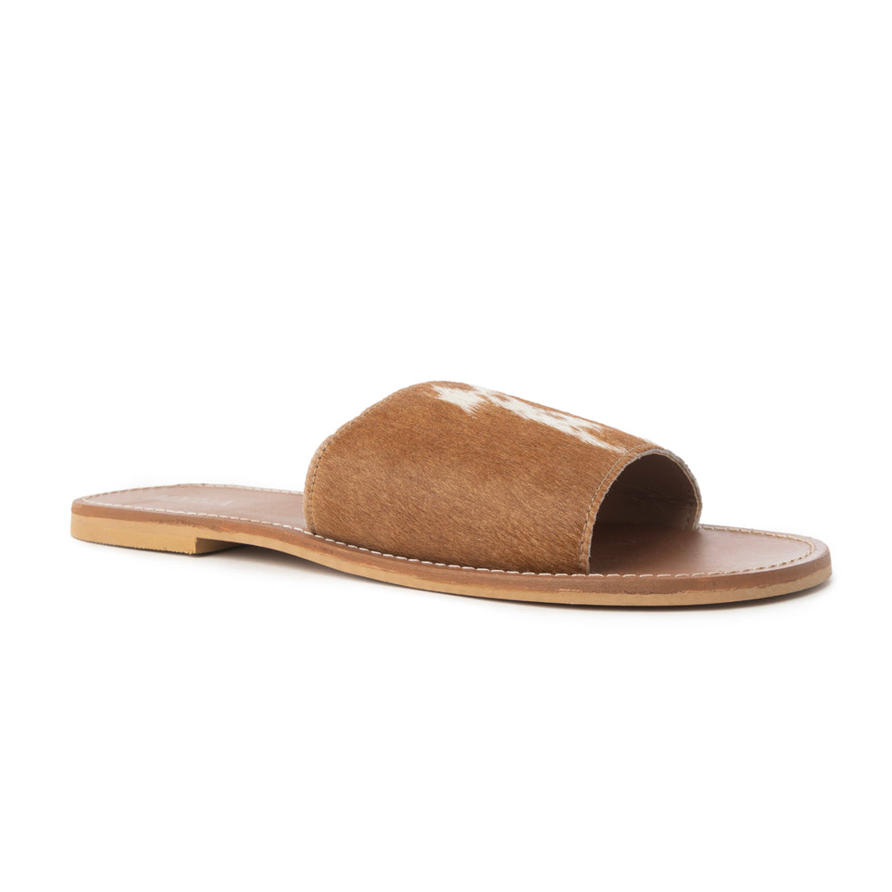 Myra Kemma Hairon Slide Sandals for Women – Comfortable Flat Slides with Tan & White Speckle Print for Western Summer Outings