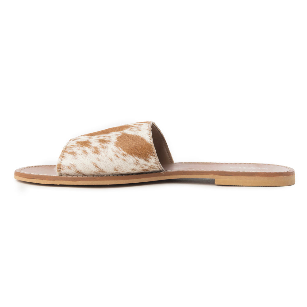 Myra Kemma Hairon Slide Sandals for Women – Comfortable Flat Slides with Tan & White Speckle Print for Western Summer Outings