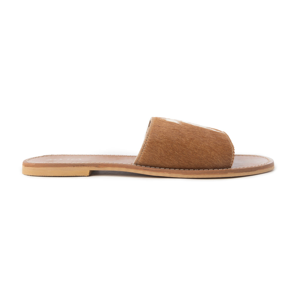 Myra Kemma Hairon Slide Sandals for Women – Comfortable Flat Slides with Tan & White Speckle Print for Western Summer Outings