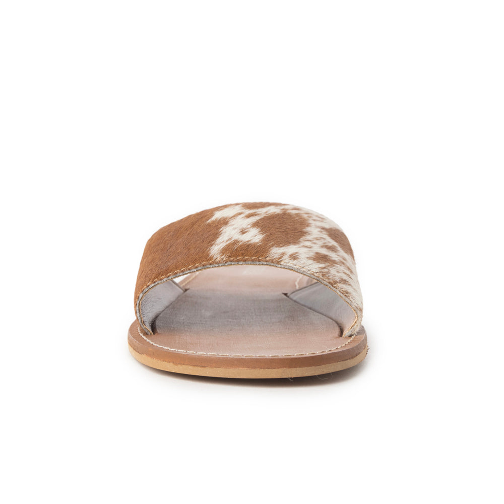 Myra Kemma Hairon Slide Sandals for Women – Comfortable Flat Slides with Tan & White Speckle Print for Western Summer Outings