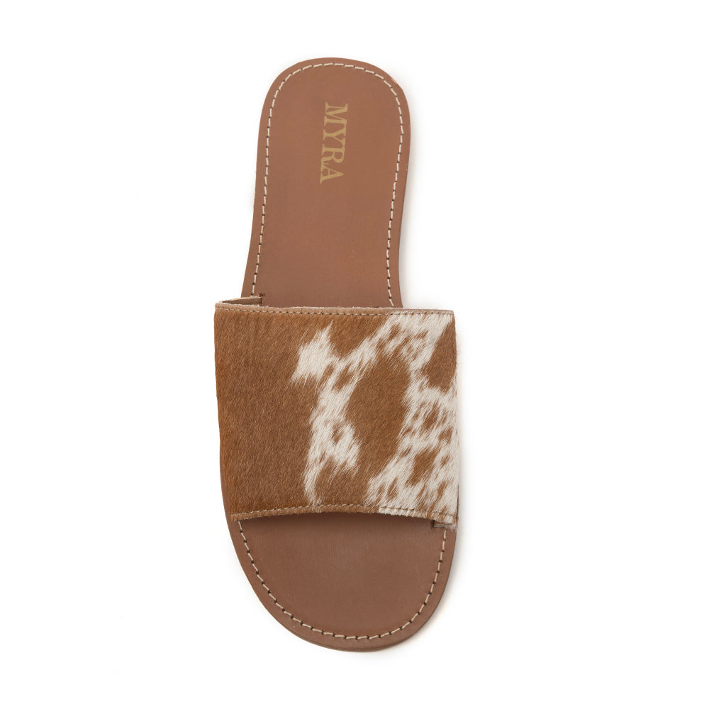 Myra Kemma Hairon Slide Sandals for Women – Comfortable Flat Slides with Tan & White Speckle Print for Western Summer Outings