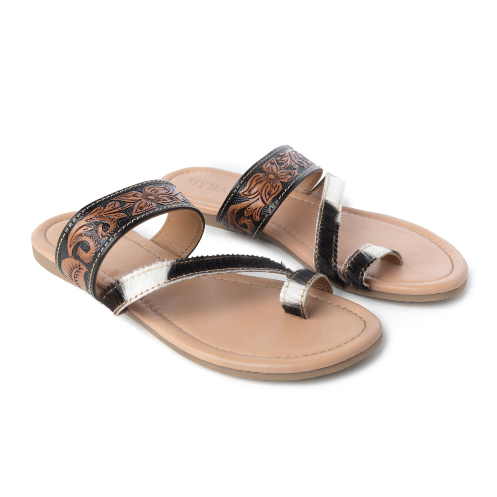 Myra Greta Lee Hair-On Leather Flip Flops for Women - Hand-Tooled Western Slippers with Flat Sole for Everyday Ease - Myra USA