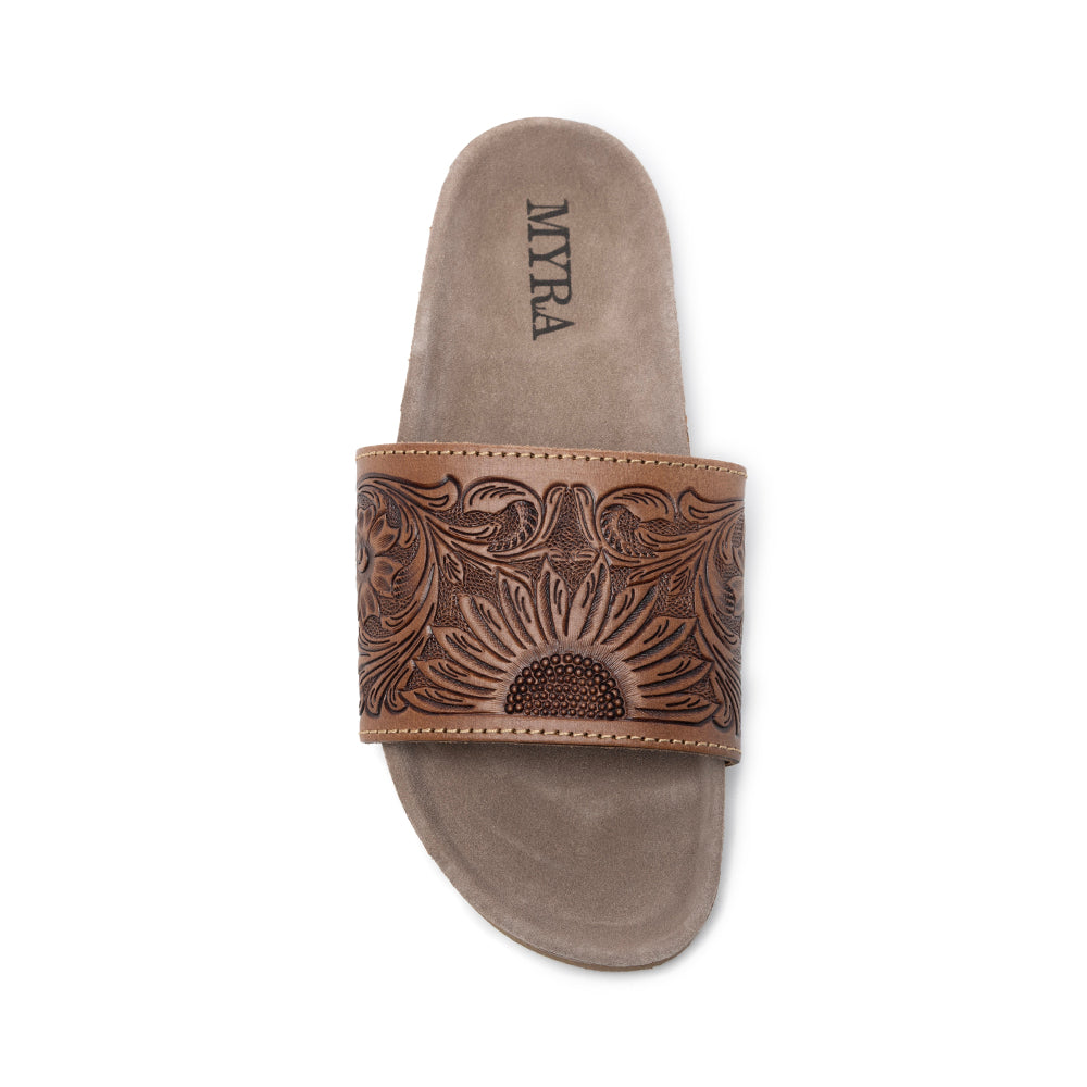 Myra Dottie Handtooled Leather Slide Sandals for Women – Floral Western Tooling with Cork Sole for Casual Comfort - Myra USA