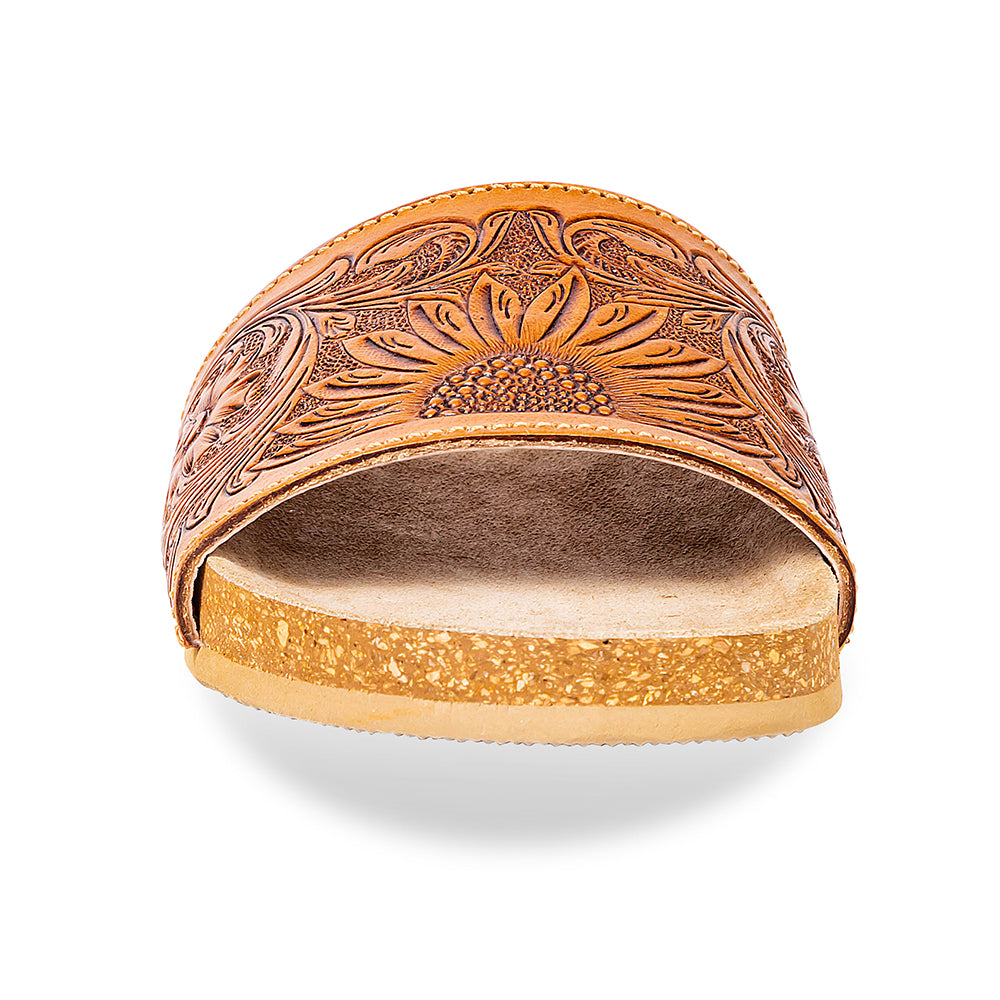 Hand-Tooled Sandals in brown colour with floral pattern on the straps